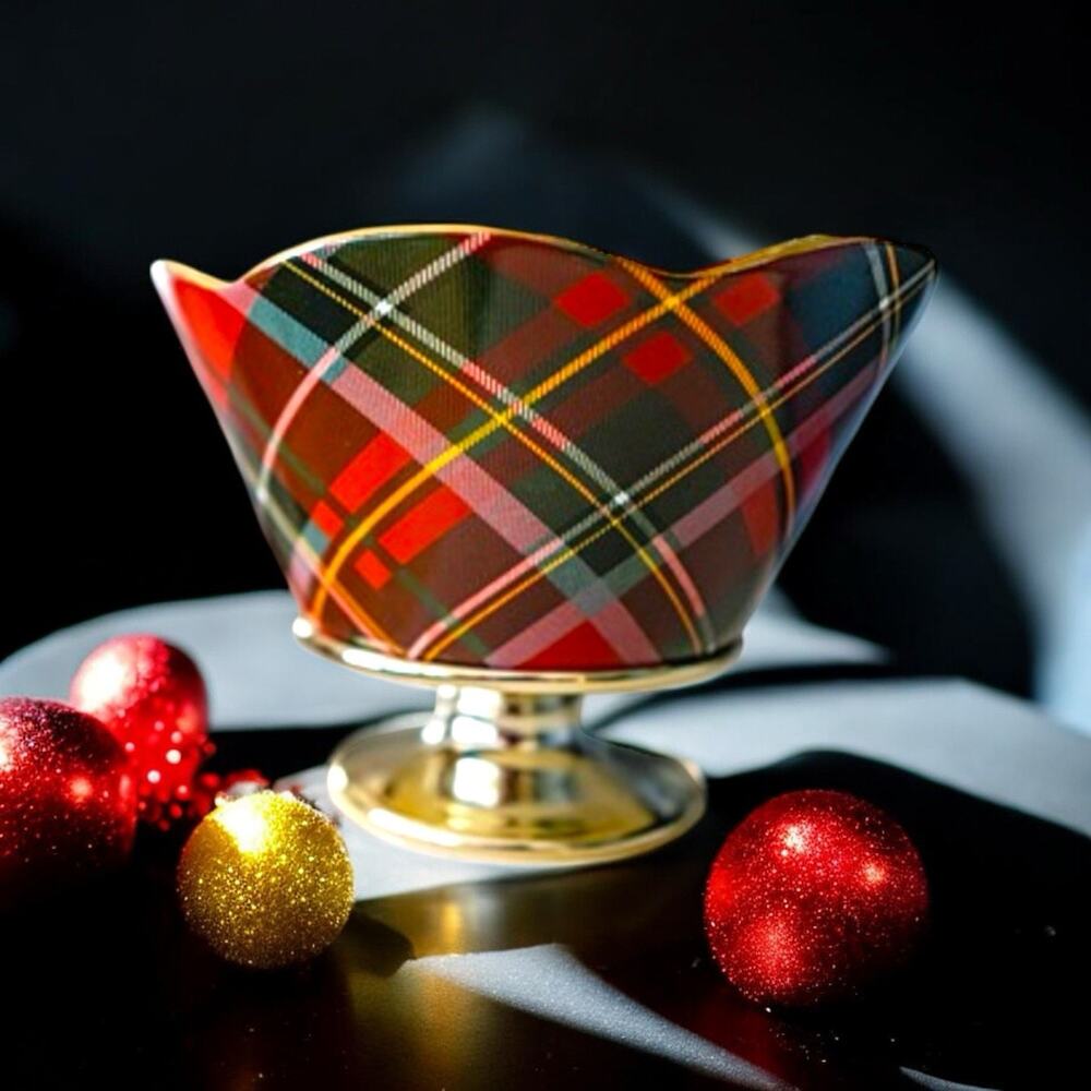 Vintage Teleflora Christmas Red Tartan Plaid Pedestal Bowl - Gold Base